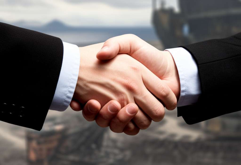 Business professionals shaking hands, symbolizing a successful deal.